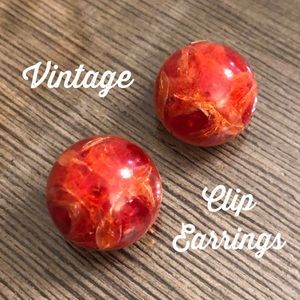 Vintage Orange Red Crackle Button Clip Earrings